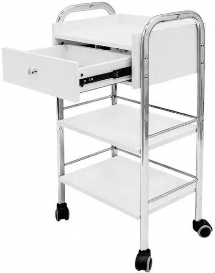 Carrinho com 4 rodas, 1 gaveta e 2 prateleiras de madeira e estrutura de aço 7114