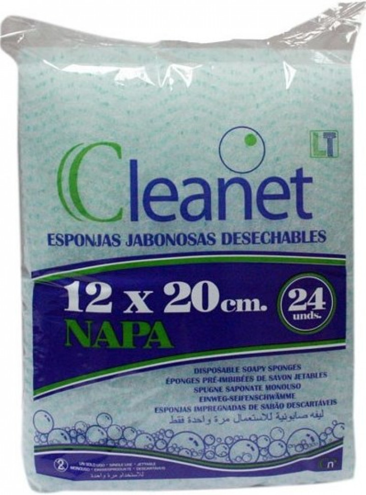 Embalagem com 24 toalhitas de esponja impregnadas com sabão para lavagem e higiene corporal 12x20cm