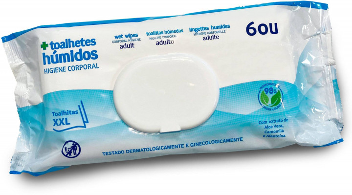 Embalagem com 60 toalhitas humedecidas para higiene corporal adulta dermatologicamente testadas com Aloé Vera, Camomila e Alantoína, sem parabenos nem perfume com duplo fecho com tampa de tamanho XXL 30x20cm
