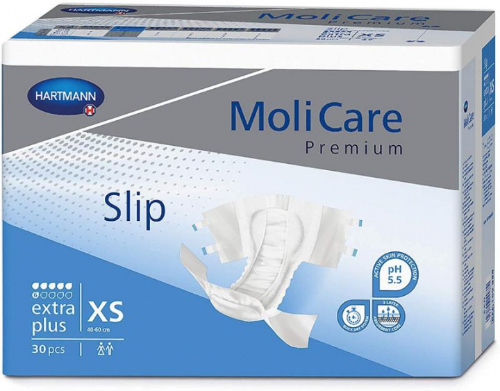 Embalagem com 30 fraldas descartáveis para incontinência moderada adulta Molicare Premium Slip Extra Plus XS (cor azul)