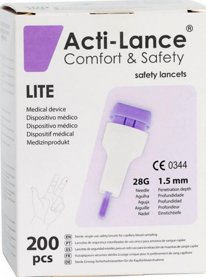 Embalagem com 200 lancetas esterilizadas de segurança de uso único (muito práticas a picar, sem caneta nem lesões) Acti-Lance