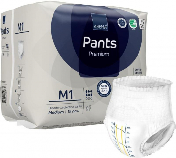 Embalagem com 15 cuecas fralda descartáveis para incontinência adulta Abena Pants Premium M1