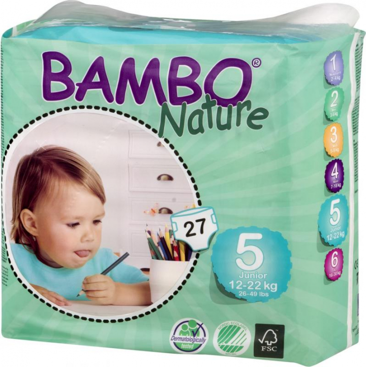 Embalagem com 27 fraldas de incontinência para bebé de peso 12 a 22kg Bambo Nature Junior N.º 5