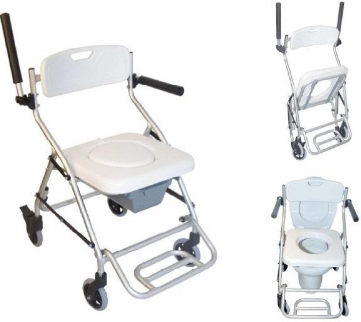Cadeira de banho sanitária portátil e encartável, ultra leve com 4 rodízios, apoios de braços e pés rebatíveis, bacio e assento almofadado com tampa Ercina/22981