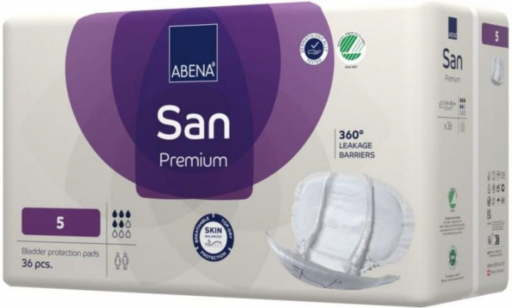 Embalagem com 36 pensos anatómicos para incontinência adulta grave Abena San Premium n.º5 28x54cm 1200ml