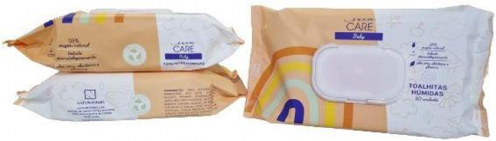 Embalagem com 80 toalhitas humedecidas para higiene corporal de bebés sem perfume, nem parabenos, nem corantes Suavecare