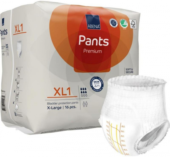 Embalagem com 16 cuecas fralda descartáveis para incontinência adulta moderada Abena Pants XL1