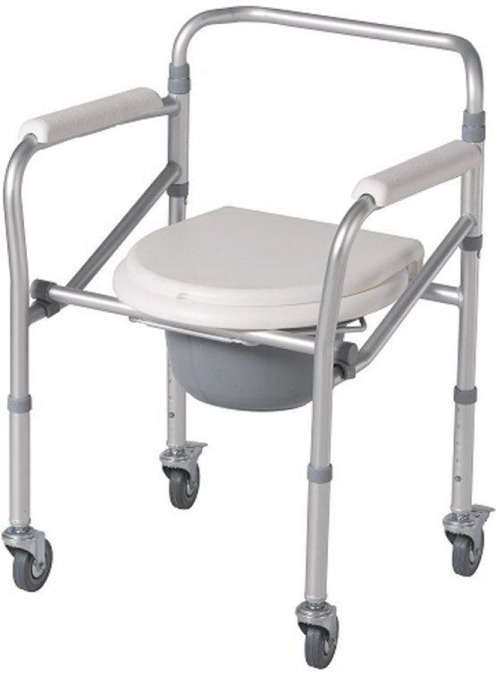 Cadeira sanitária com rodízios encartável regulável em altura com bacio e tampa 2171