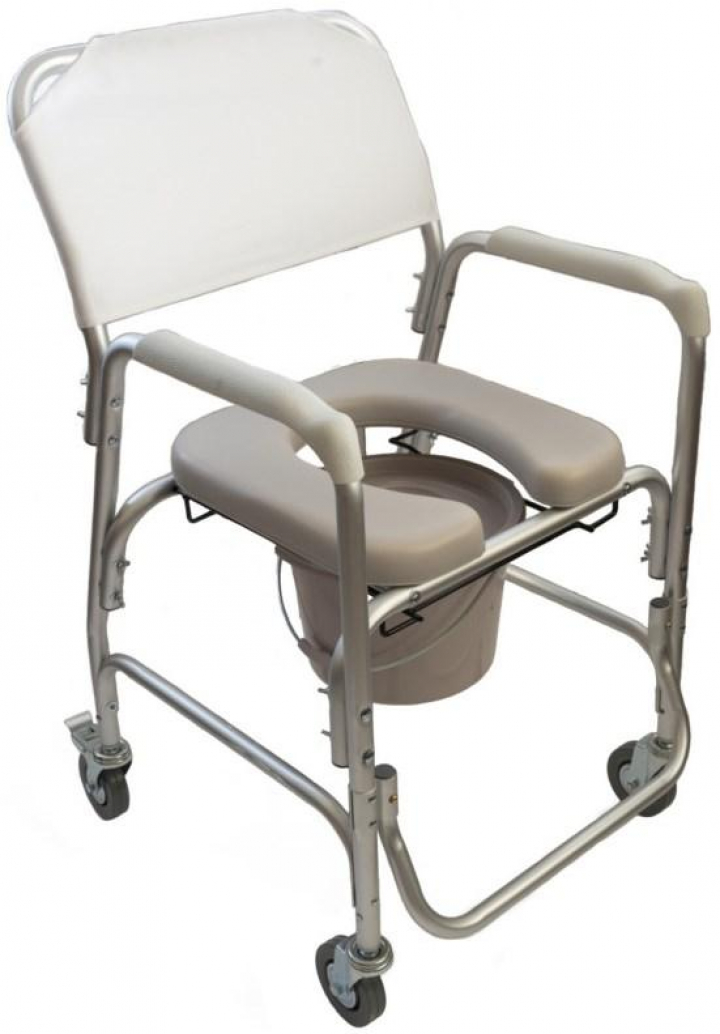 Cadeira de banho sanitária em alumínio com 4 rodízios, bacio com tampa, assento almofadado 2169