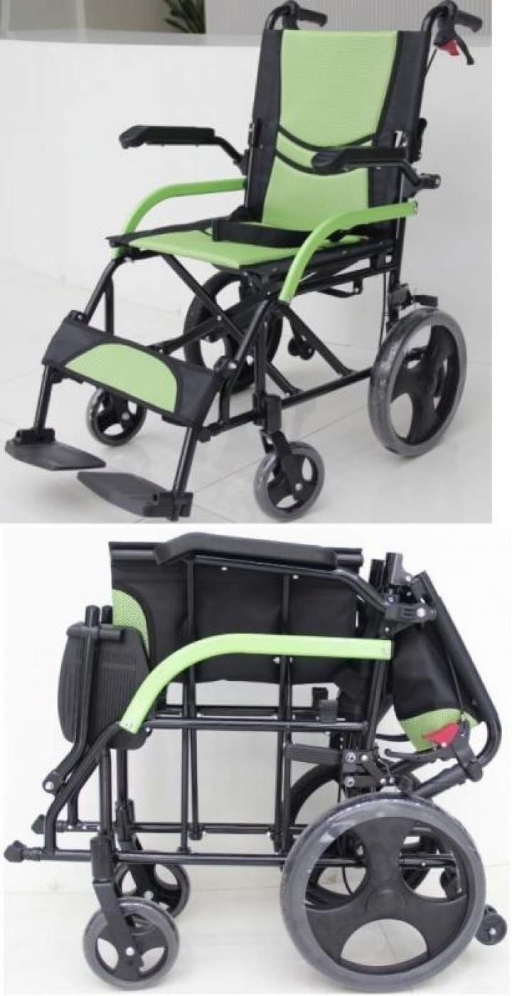 Cadeira de rodas manual de liga leve dobrável de transporte com apoio de pés destacável e apoio de braços rebatíveis 2243