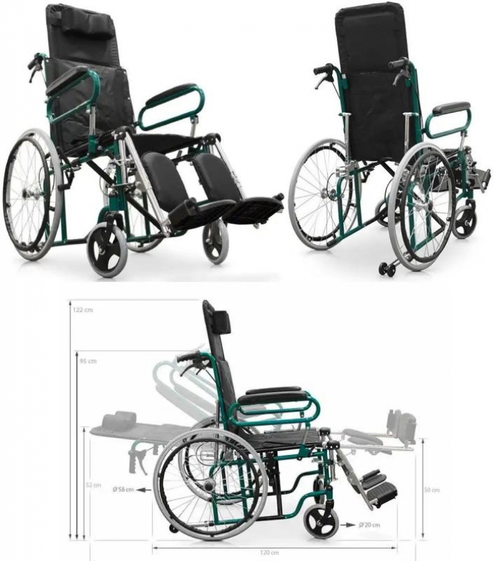 Cadeira de rodas tipo cama com encosto alto rebatível e apoio de cabeça e apoios de pés elevatórios 183