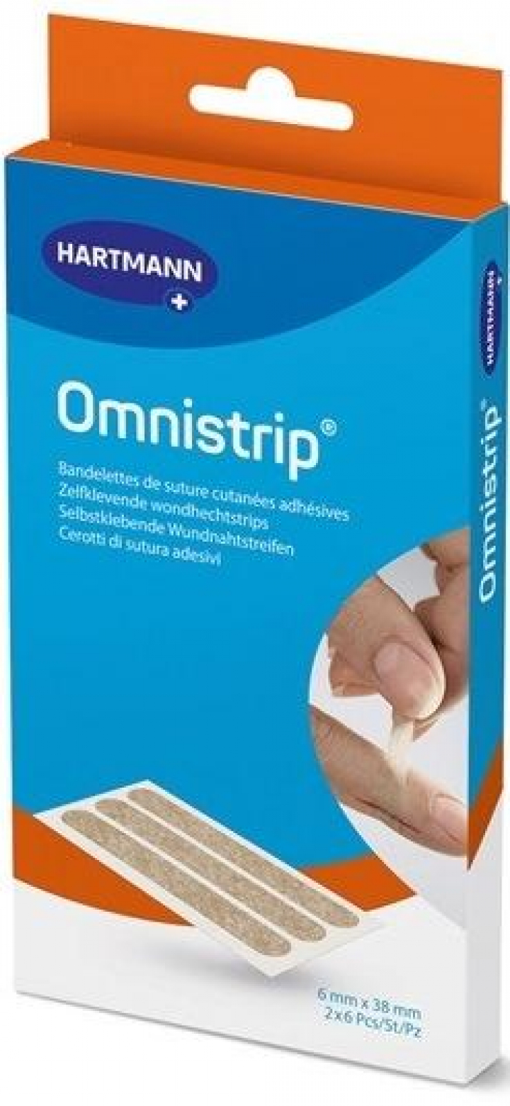 Embalagem com 6 tiras de suturas cutâneas adesivas, flexíveis e extensíveis permeáveis ao ar e água Omnistrip 6x76mm (emb. de farmácia)