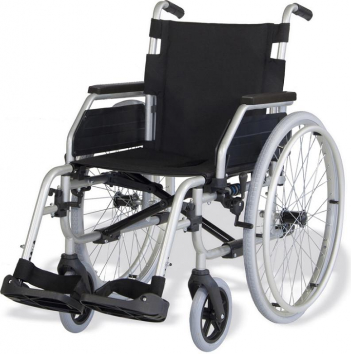 Cadeira de rodas manual encartável com apoios de braço rebatíveis e de pés destacáveis, rodas grandes 24' com pneus maciços e aro motor de autopropulsão e capacidade para 110Kg Apolo 2
