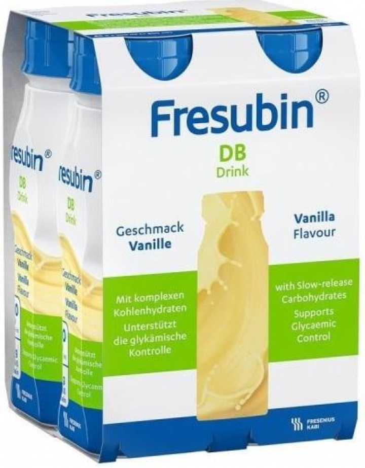Embalagem com 4 bebidas energéticas/suplementos nutricionais orais na forma de sumo hipercalórico Fresubin DB Drink Baunilha 200ml