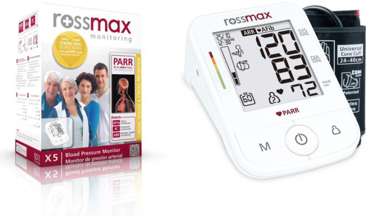 Aparelho de medir tensão arterial digital automático de braço com indicador de risco de hipertensão, detector de arritemias, sensor de movimento, 120 memórias e bluetooth Rossmax X5 Parr