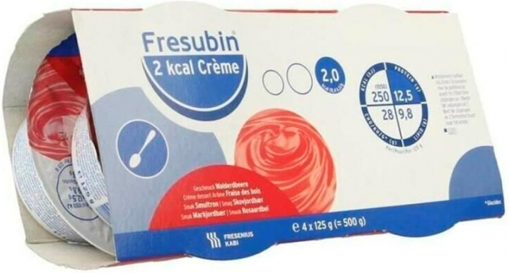 Embalagem com 4 suplementos nutricionais na forma de creme hipercalórico Fresubin 2 Kcal Creme Morango 125gr