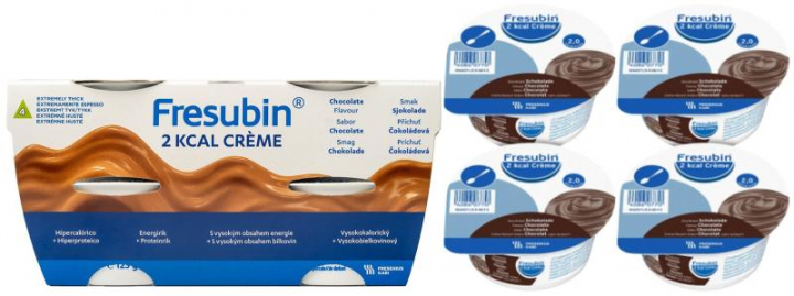 Embalagem com 4 suplementos nutricionais na forma de creme hipercalórico Fresubin 2 Kcal Creme Chocolate 125gr