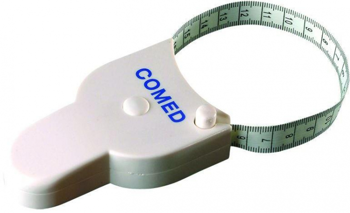 Fita métrica para medição de perímetro corporal com enrolamento automático com alcance de 2mt e graduação 1mm