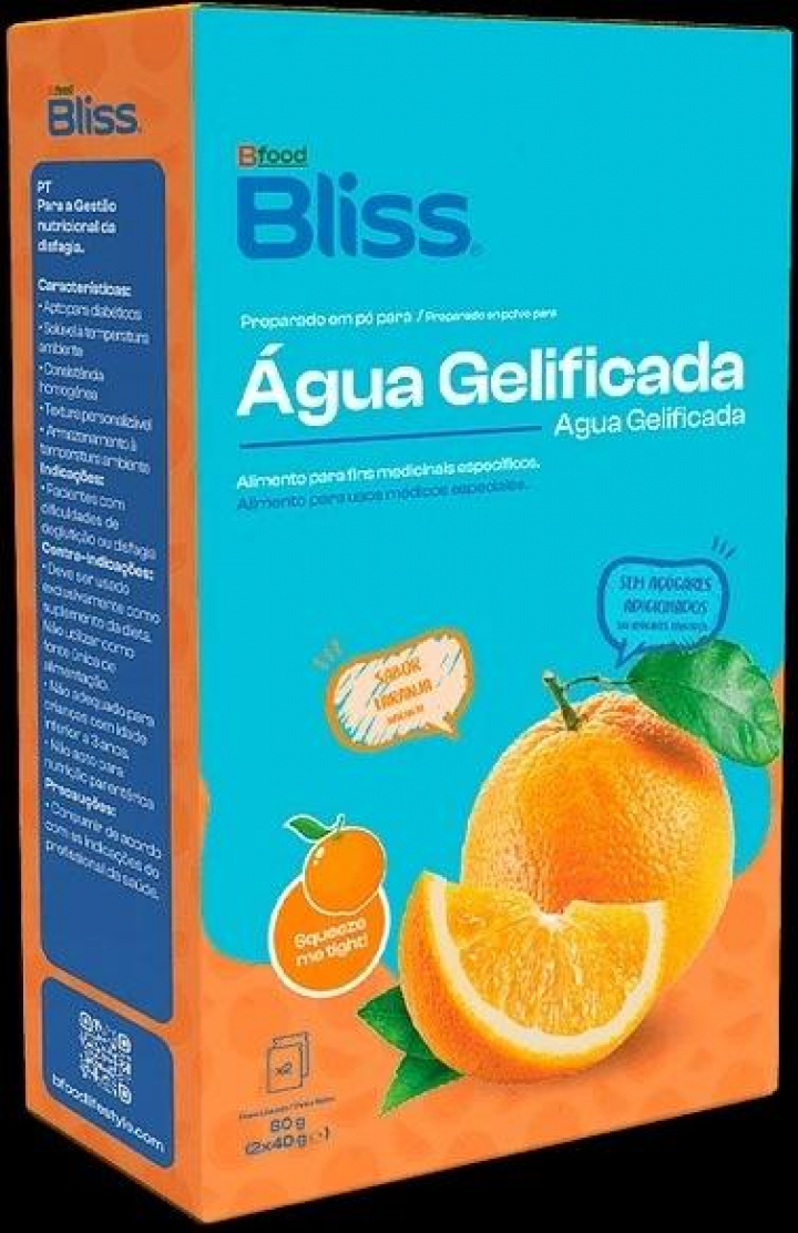 Agua gelificada sabor a laranja em saqueta de preparado em pó para quem tem dificuldades de deglutição ou disfalgia Bliss 2x40gr