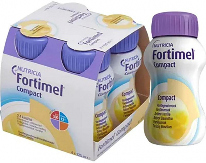 Embalagem com 4 suplementos nutricionais orais com reforço de proteína Fortimel Compact Baunilha 125ml