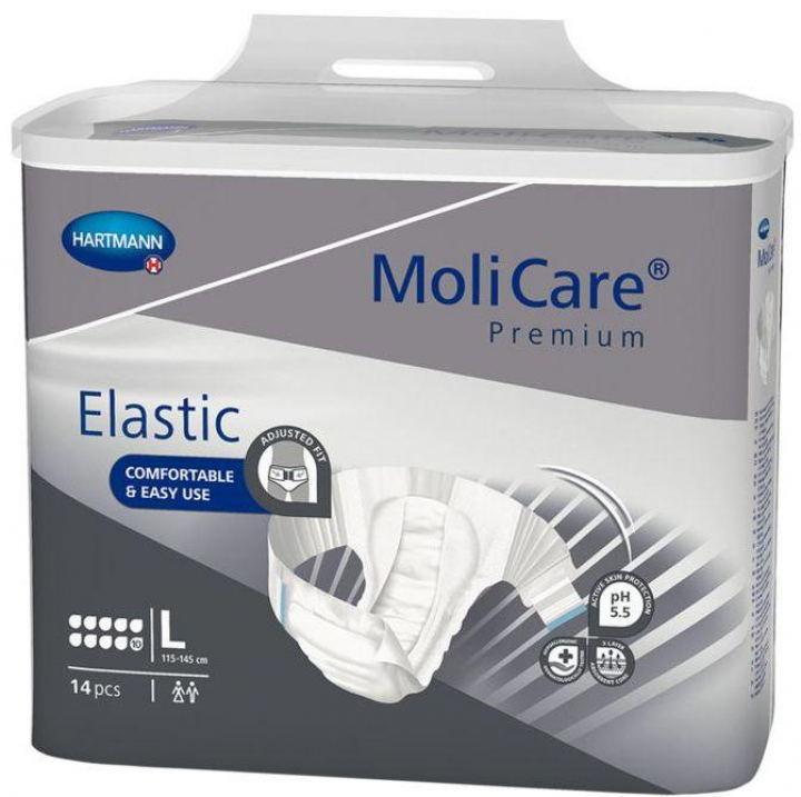 Embalagem com 14 fraldas de incontinência adulta Molicare Premium Elastic 10 Gotas L