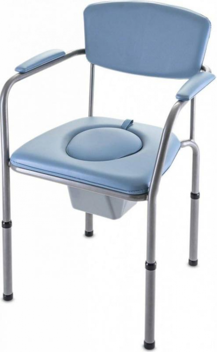 Cadeira sanitária de toilette fixa, regulável em altura, com bacio e assento almofadado rebatível com orifício e tampa Omega Eco