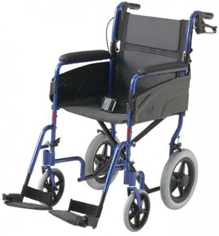 Cadeira de rodas manual de aluminio leve e compacta com rodas de aeroporto (pequenas) com cinto, travão de acompanhante e encosto dobrável Alu Lite