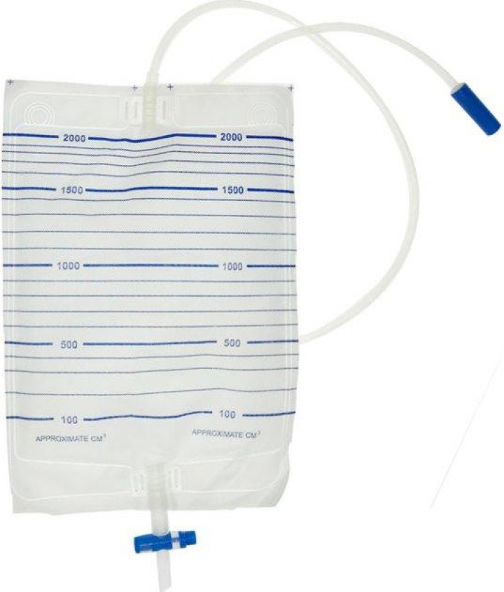 Saco colector de urina embalado individualmente com válvula anti retorno e torneira de esvaziamento em cruzeta 2Lt