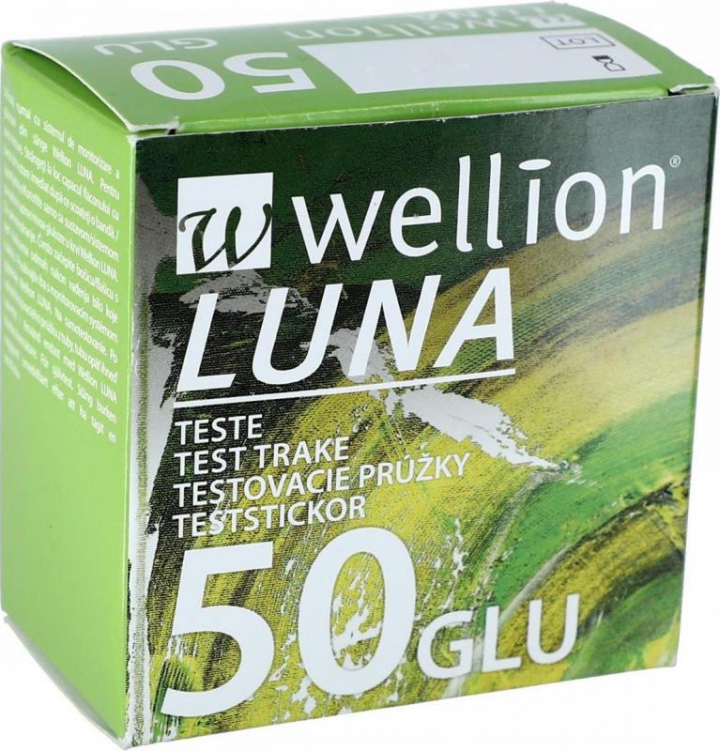 Embalagem com 50 tiras de teste para diagnósctico de glicémia/glucose Wellion Luna