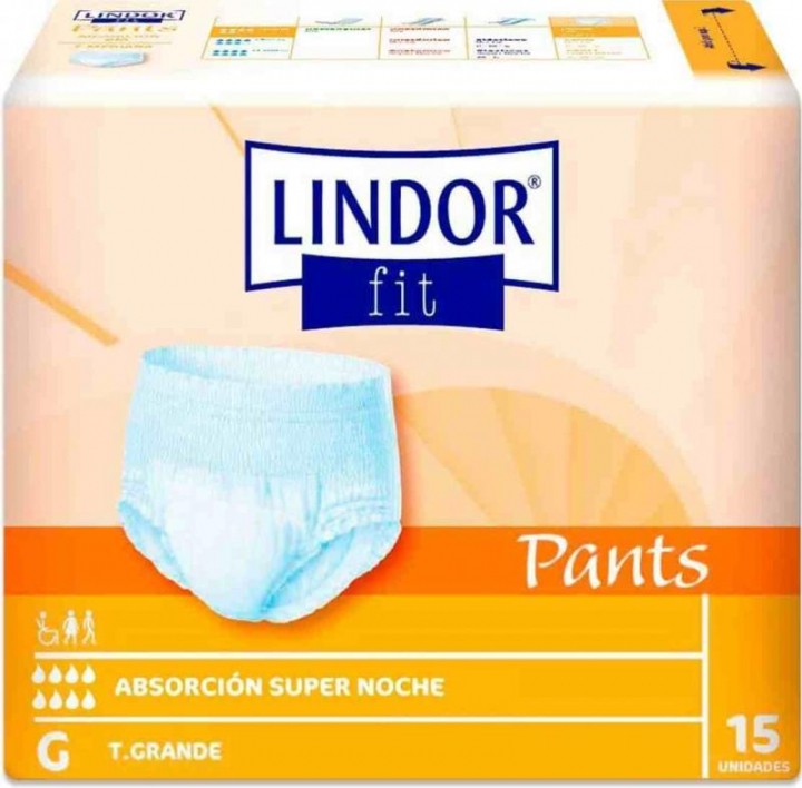 Embalagem com 15 cuecas fralda descartáveis para incontinência adulta Lindor Fit Pants L