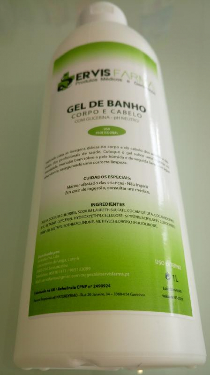 Gel de banho hidratante com ph neutro para corpo, cabelo e mãos com tampa click Servisfarma 1Lt