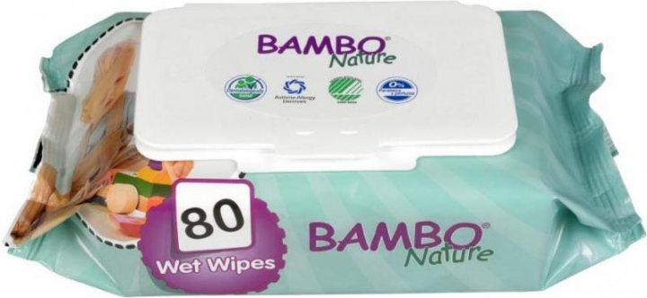 Embalagem com 80 toalhitas humedecidas para higiene corporal de bebés sem perfume, nem parabenos, nem corantes Bambo Nature