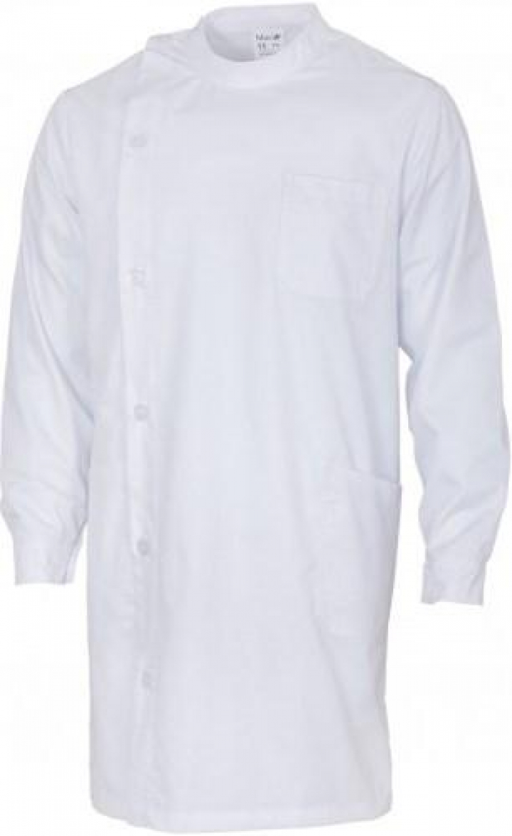 Bata unissexo em tecido polyester + algodão de abertura lateral com fecho de botões, 1 bolso de peito e 2 inferiores, rachas laterais, punhos com 2 botões