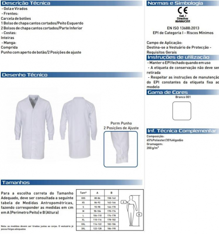 Bata unissexo em tecido polyester + algodão de abertura frontal com 3 bolsos, gola, punhos, manga comprida e botões
