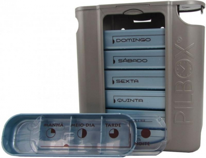 Caixa organizadora de medicação semanal com compartimentos diários amovíveis com 4 divisórias cada para comprimidos de grandes dimensões Pilbox Sete