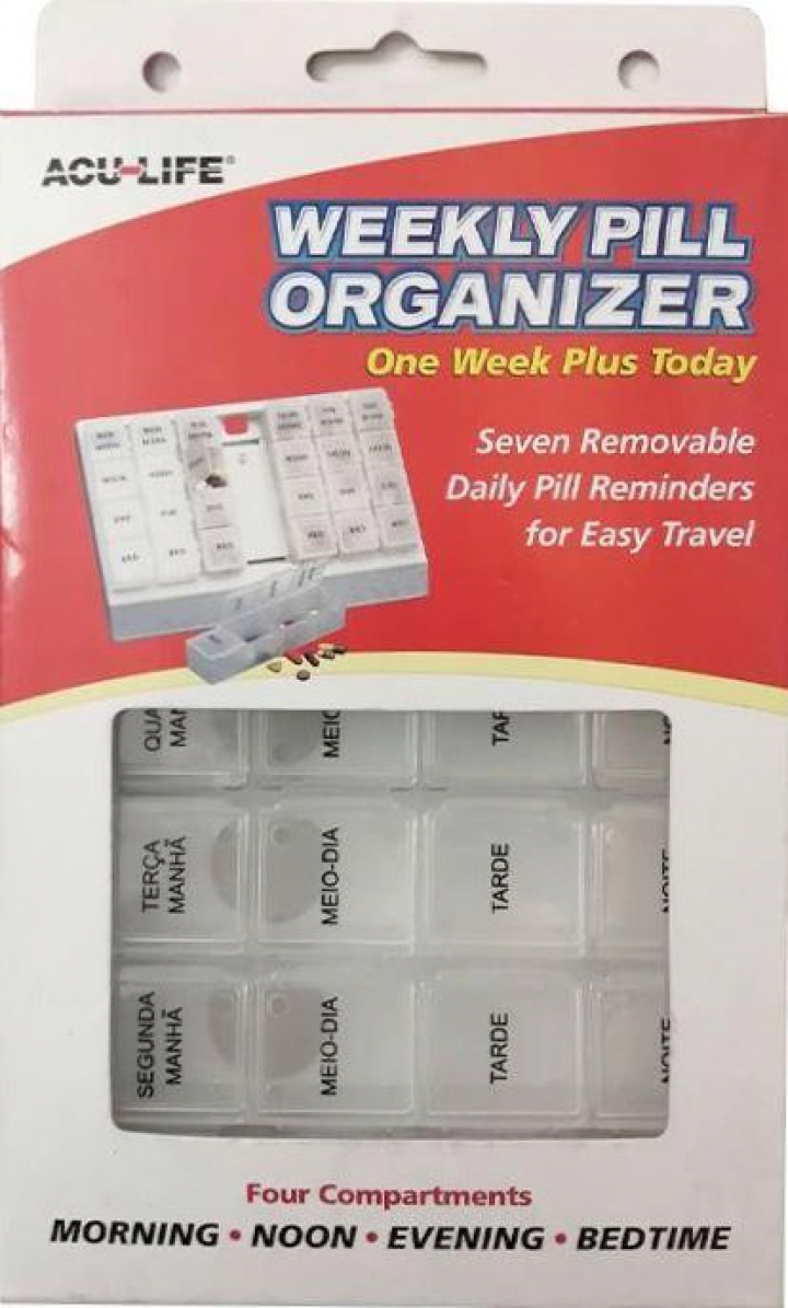 Caixa organizadora de medicação semanal com compartimentos diários amovíveis com 4 divisórias cada para comprimidos (17,5x15x2cm) Acu Life