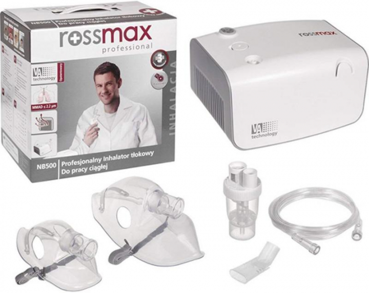 Nebulizador profissional de uso contínuo a compressor com válvula ajustável para várias taxas de nebulização, máscaras e bocais para adultos e pediátricas Rossmax NB500