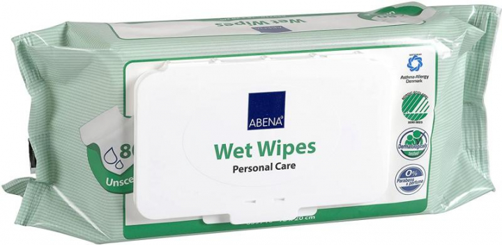 Embalagem com 80 toalhitas humedecidas para higiene corporal adulta de grandes dimensões, dermatologicamente testadas, sem parabenos nem perfume e com duplo fecho com tampa ABENA 27x20cm