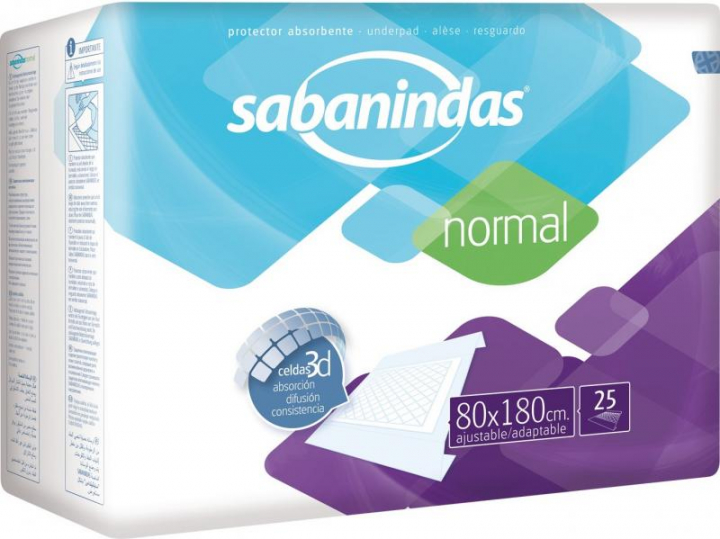 Embalagem com 25 resguardos descartáveis para incontinência Sabanindas 80x180cm