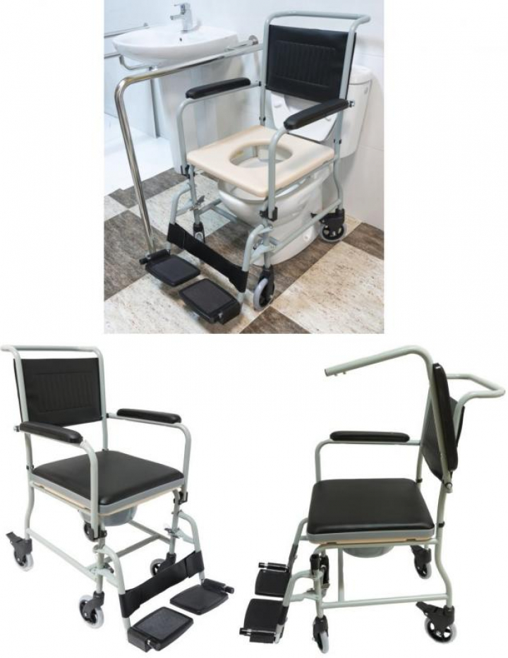 Cadeira sanitária em aço com 4 rodízios, apoio de braços e de pés destacáveis, tampa almofadada, encosto estofado, bacio com tampa e capacidade para 100kg 31CA10