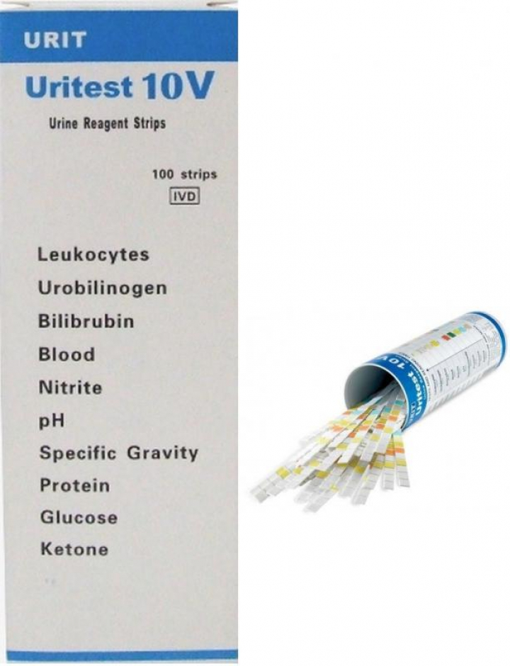 Embalagem com 100 tiras reagentes de teste para urina com determinação rápida de 10 parâmetros Uritest 10v (tipo Combur test)