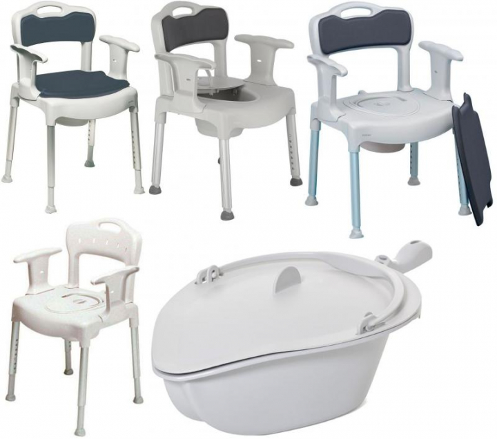 Cadeira de banho sanitária regulável em altura com apoio de braços e almofadas de assento e encosto Swift Commode
