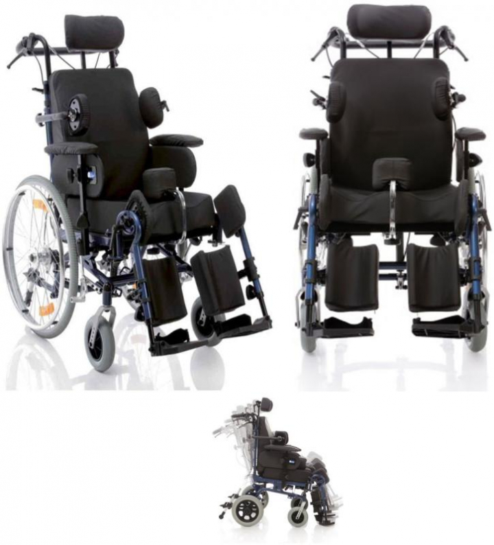 Cadeira de rodas de conforto e posicionamento com assento basculante, encosto reclinável, apoios de pernas elevatórios reguláveis, separador de coxas, suportes laterais de tronco, apoio de cabeça (tudo almofadado) CP910