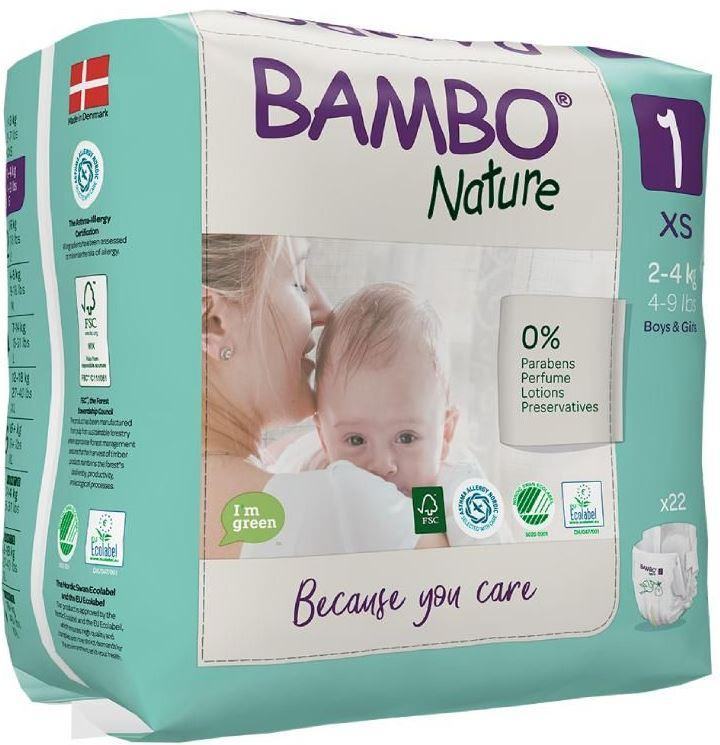 Embalagem com 22 fraldas de incontinêcia para bebé de peso 2 a 4kg Bambo Nature n.º 1 XS