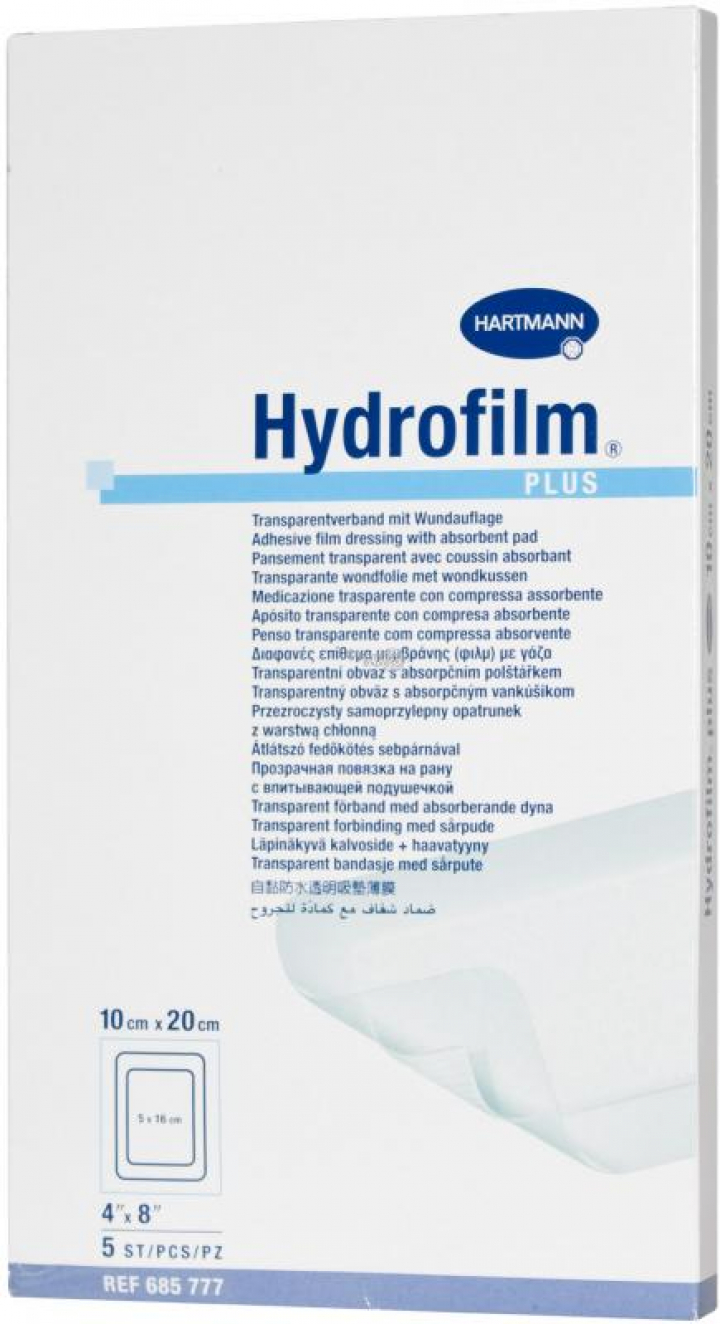 Embalagem com 25 pensos em película transparentes esterilizados auto adesivos pós operatórios com compressa Hydrofilm Plus 10x20cm
