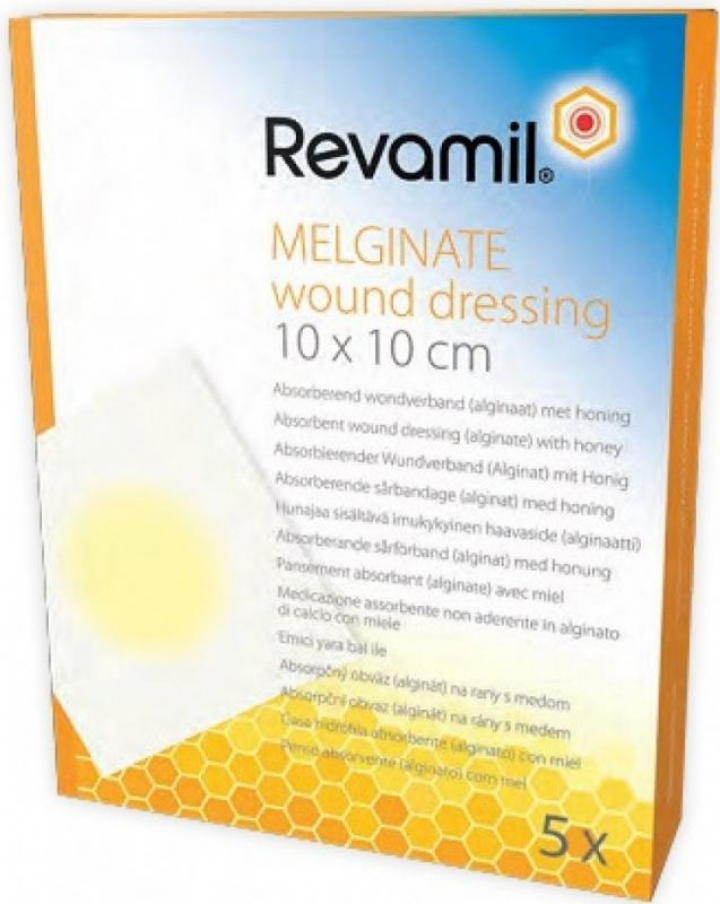 Embalagem com 5 compressas de mel para tratamento de feridas 10x10cm Revamil Wound Dressing