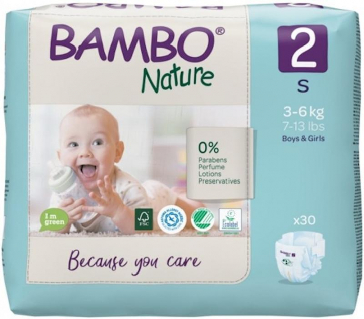 Embalagem com 30 fraldas de incontinêcia para bebé de peso 3 a 6kg Bambo Nature n.º 2
