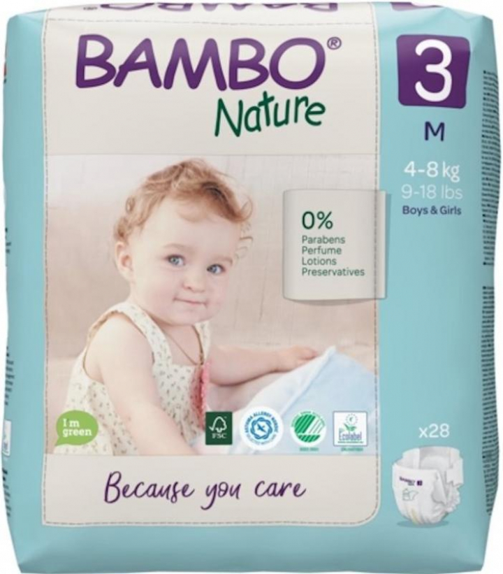 Embalagem com 28 fraldas de incontinêcia para bebé de peso 4 a 8kg Bambo Nature n.º 3