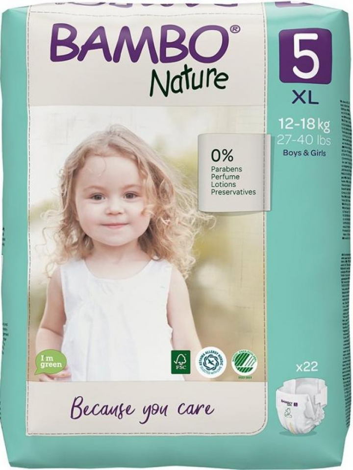 Embalagem com 22 fraldas de incontinêcia para bebé de peso 12 a 18kg Bambo Nature n.º 5