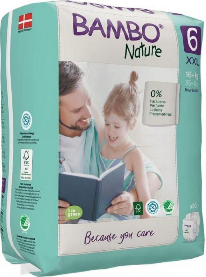 Embalagem com 20 fraldas de incontinêcia para bebé de peso superior a 16kg Bambo Nature n.º 6